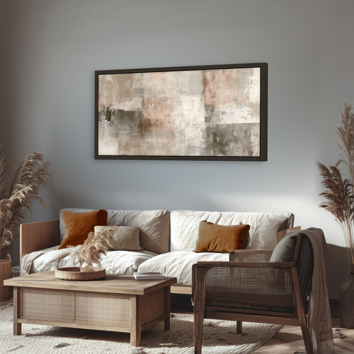 Blush and taupe abstract painting framed canvas wall art in a rustic living room