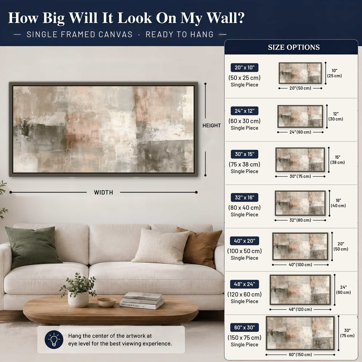 Blush and taupe abstract painting framed canvas wall art size guide above a sofa