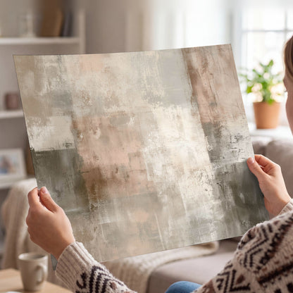 Blush and taupe abstract painting poster print held in hands