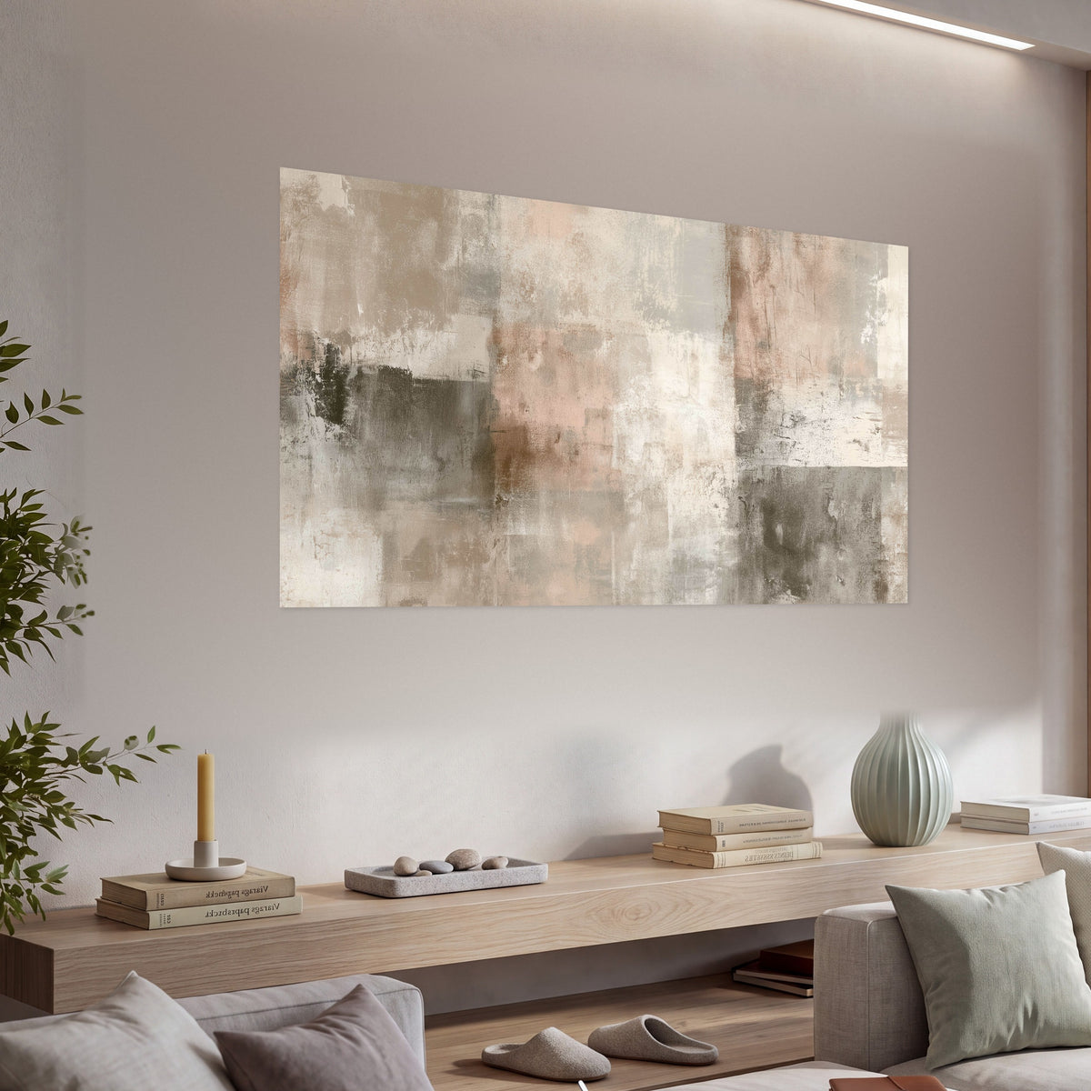 Blush and taupe abstract painting poster print in a living room above a console