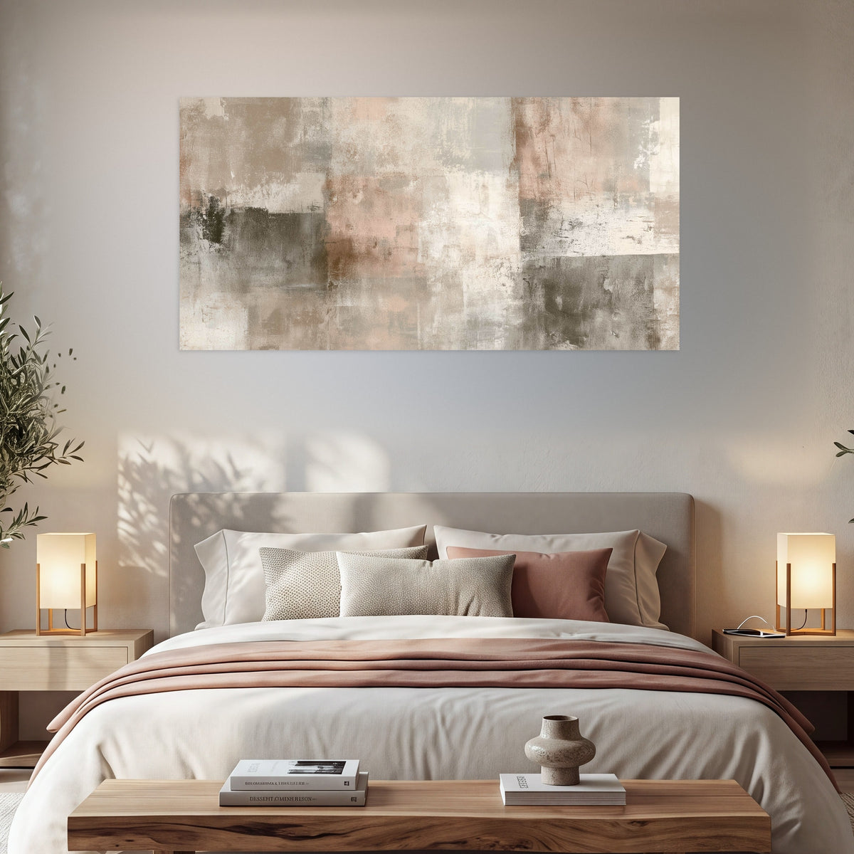 Blush and taupe abstract painting poster print in a bedroom above the bed