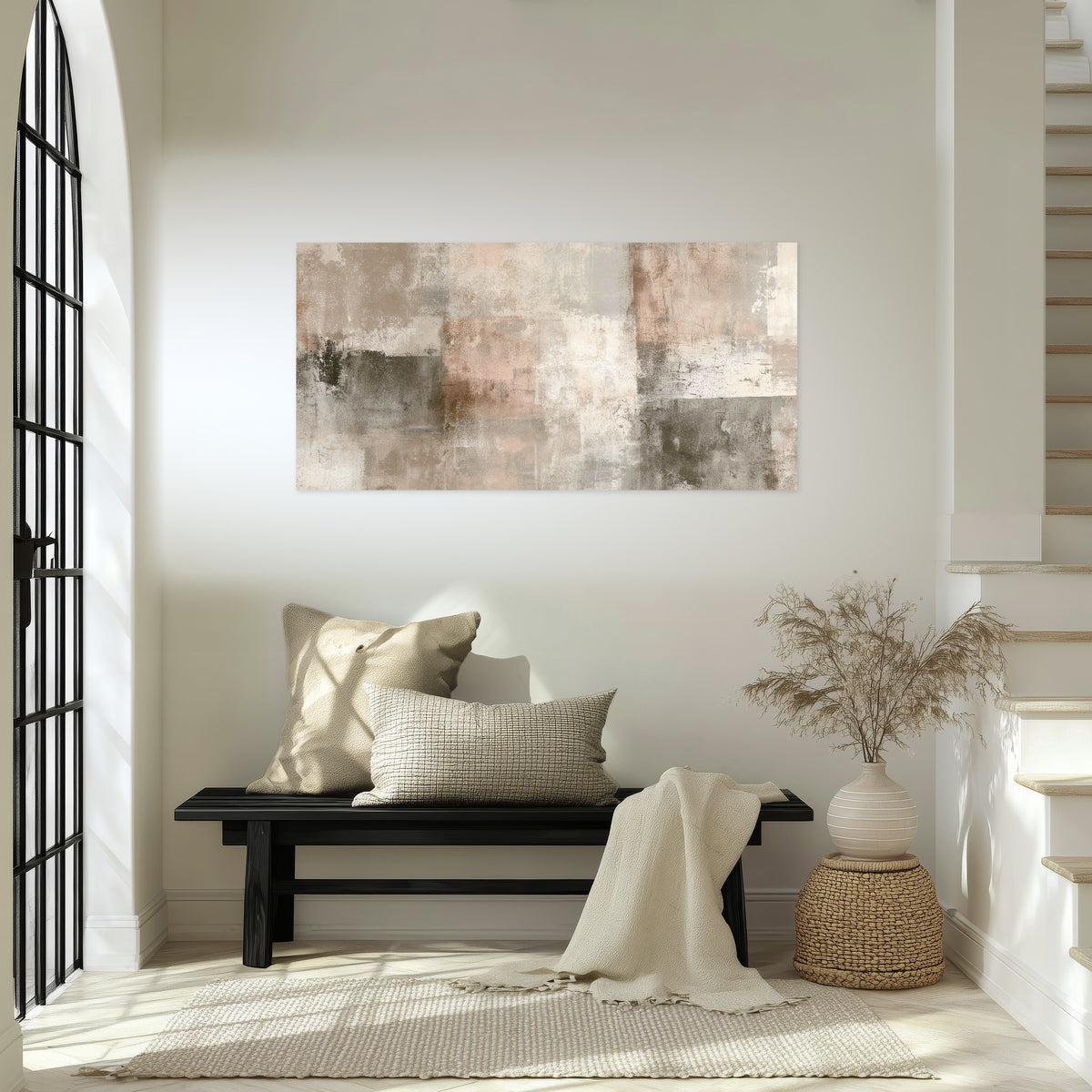 Blush and taupe abstract painting poster print in an entryway above a bench