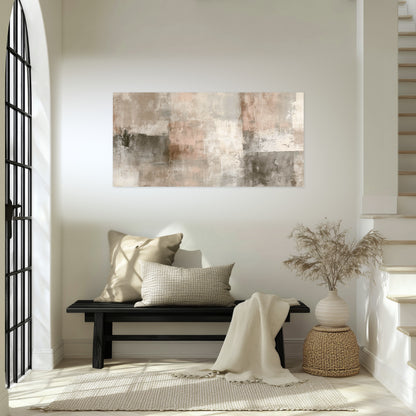 Blush and taupe abstract painting poster print in an entryway above a bench
