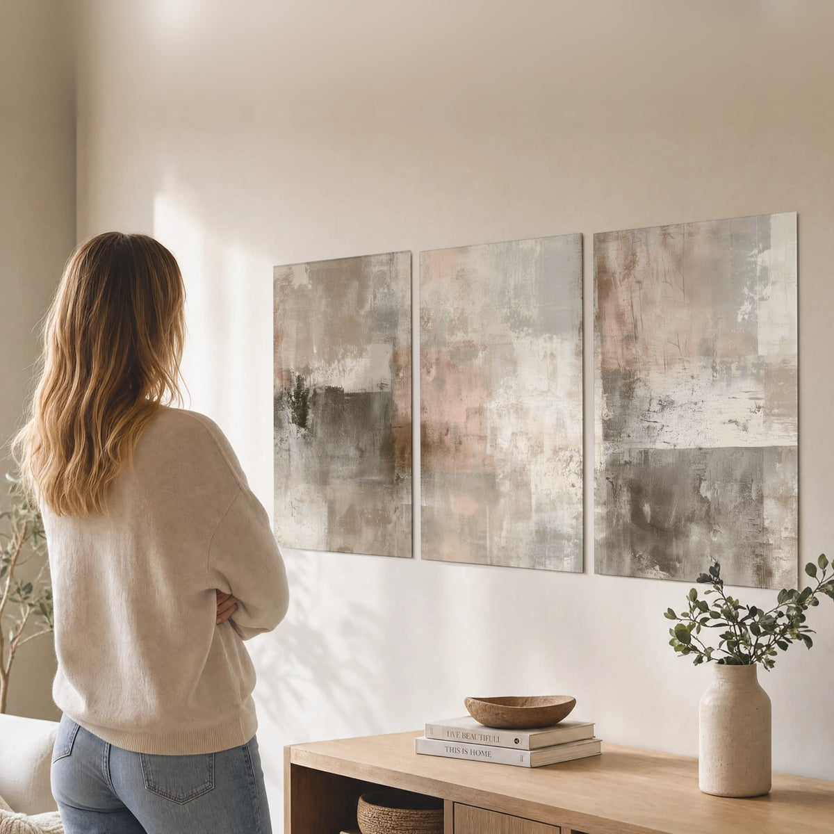 Blush and taupe abstract painting set of 3 poster prints in a living room