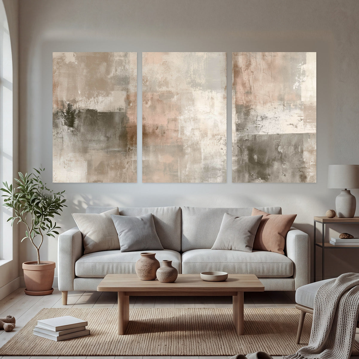 Blush and taupe abstract painting set of 3 poster prints in a bright living room