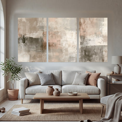 Blush and taupe abstract painting set of 3 poster prints in a bright living room