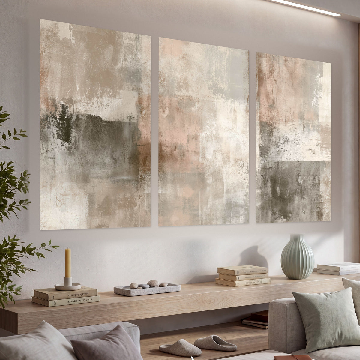 Blush and taupe abstract painting set of 3 poster prints in a living room above a console