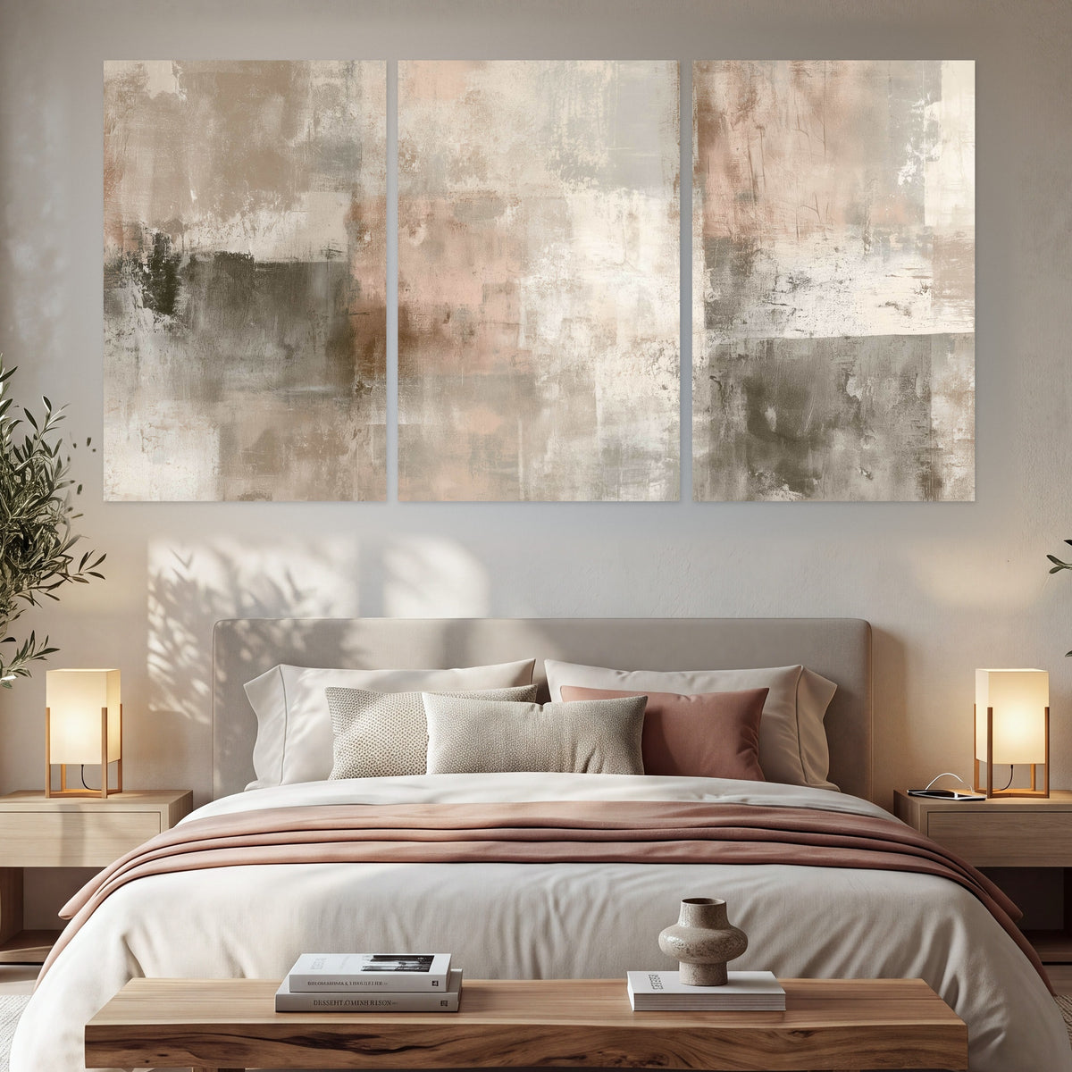 Blush and taupe abstract painting set of 3 poster prints in a bedroom above the bed