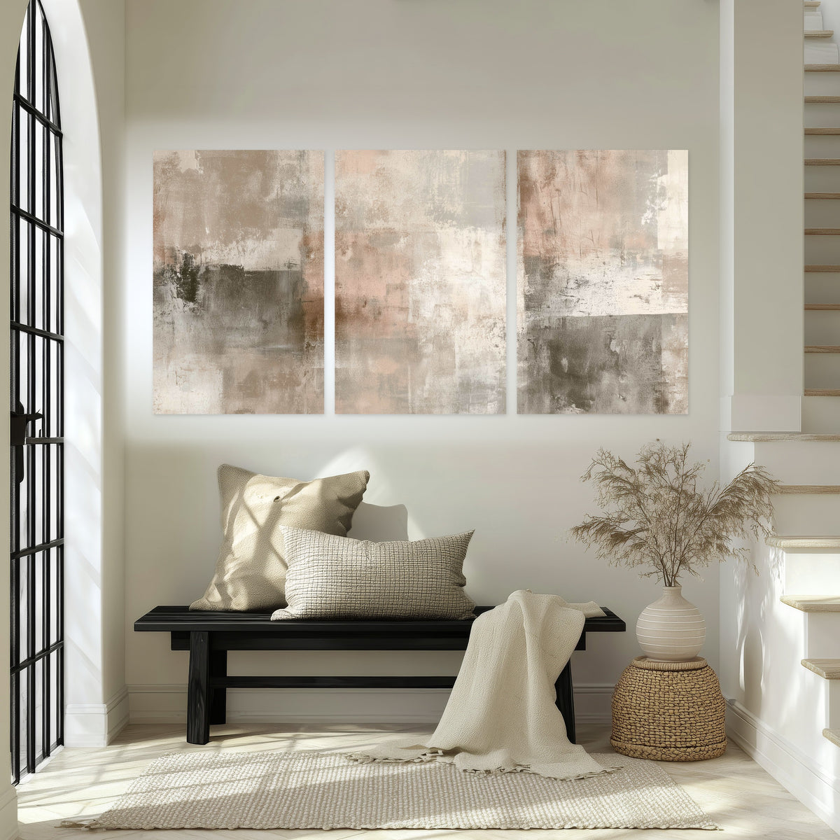 Blush and taupe abstract painting set of 3 poster prints in an entryway above a bench