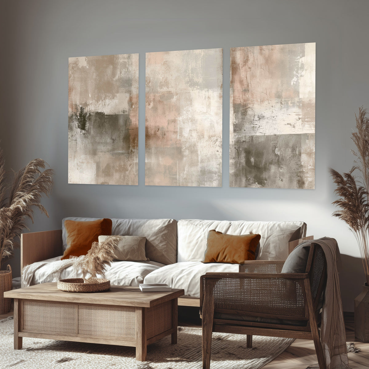 Blush and taupe abstract painting set of 3 poster prints in a rustic living room