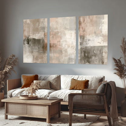 Blush and taupe abstract painting set of 3 poster prints in a rustic living room