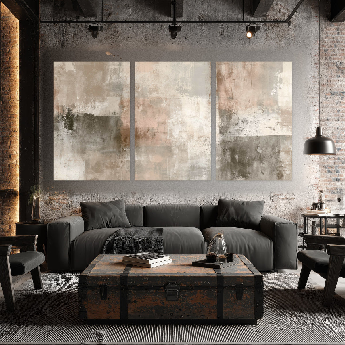 Blush and taupe abstract painting set of 3 poster prints in an industrial loft