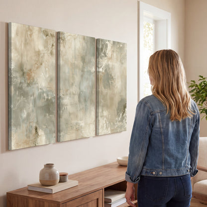 Neutral marble abstract painting 3 piece canvas wall art in a living room