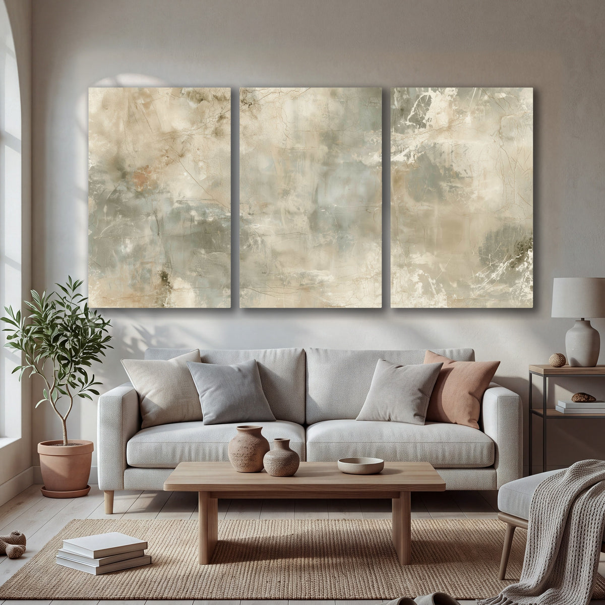 Neutral marble abstract painting 3 piece canvas wall art in a bright living room