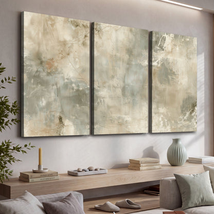 Neutral marble abstract painting 3 piece canvas wall art in a living room above a console