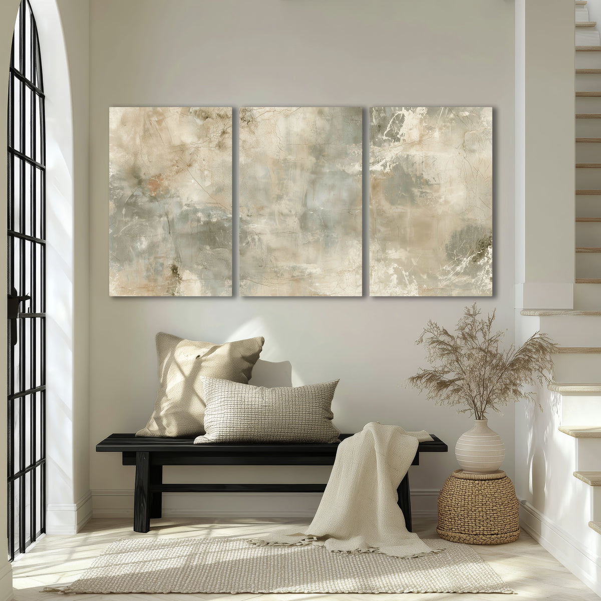 Neutral marble abstract painting 3 piece canvas wall art in an entryway above a bench
