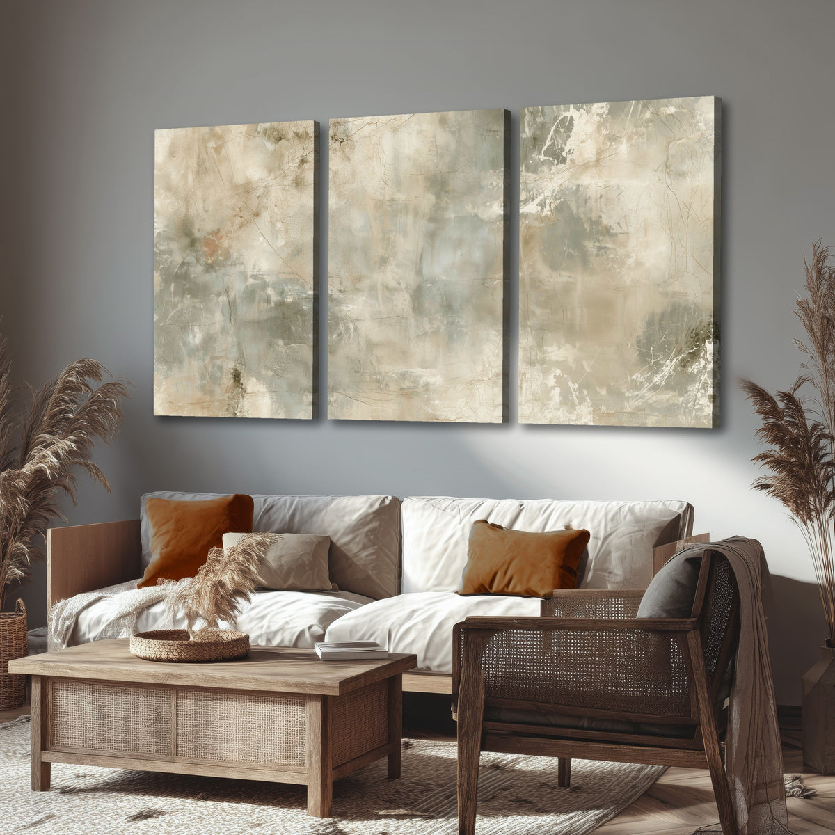 Neutral marble abstract painting 3 piece canvas wall art in a rustic living room