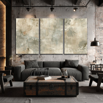 Neutral marble abstract painting 3 piece canvas wall art in an industrial loft