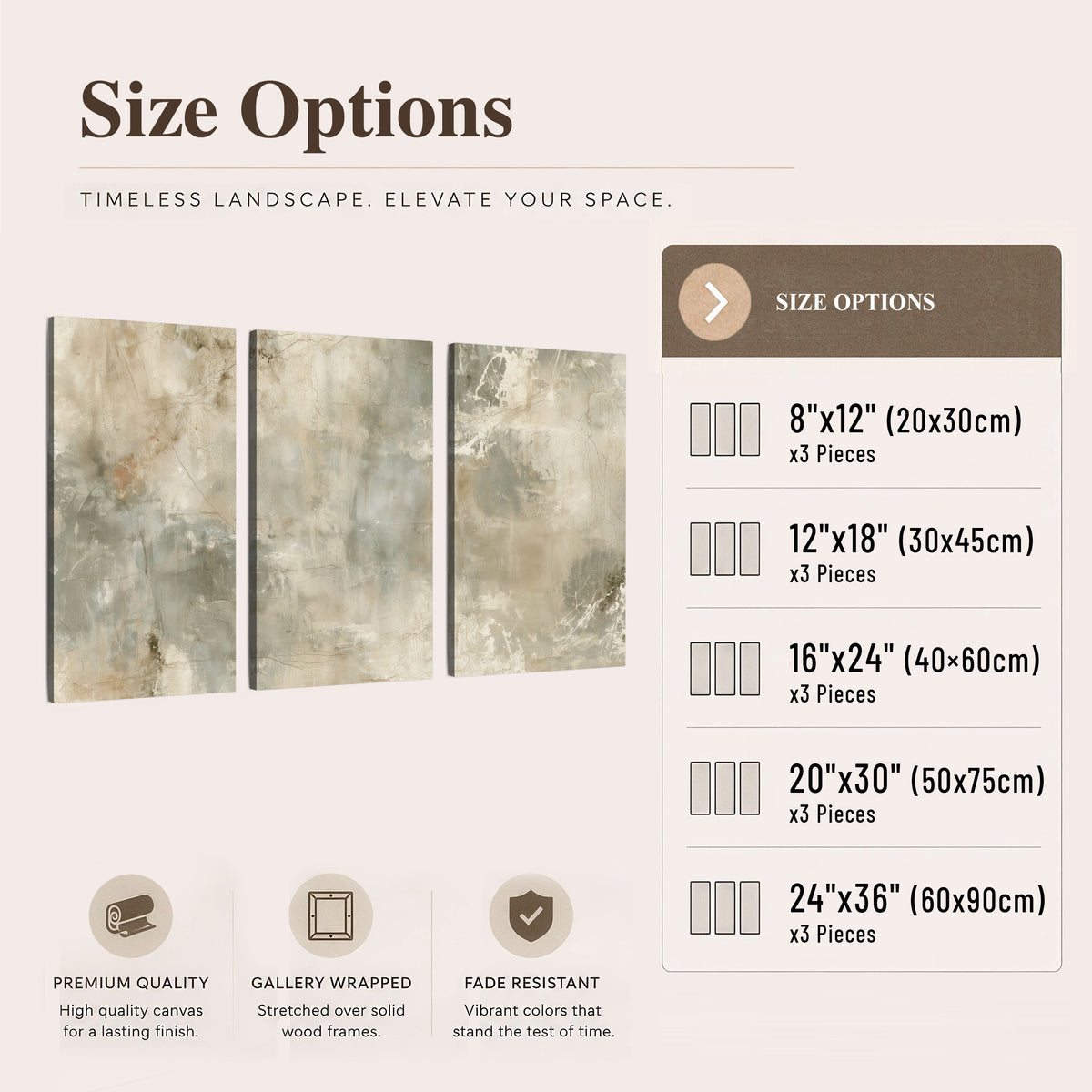Neutral marble abstract painting 3 piece canvas wall art size options