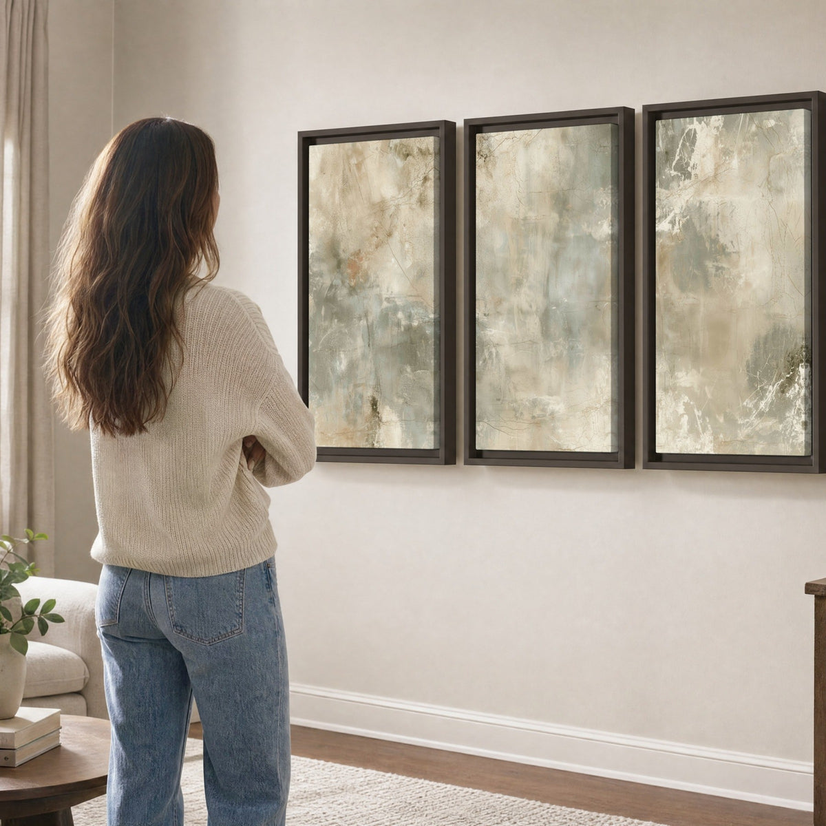 Neutral marble abstract painting 3 piece framed canvas in a living room