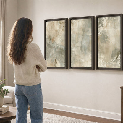 Neutral marble abstract painting 3 piece framed canvas in a living room