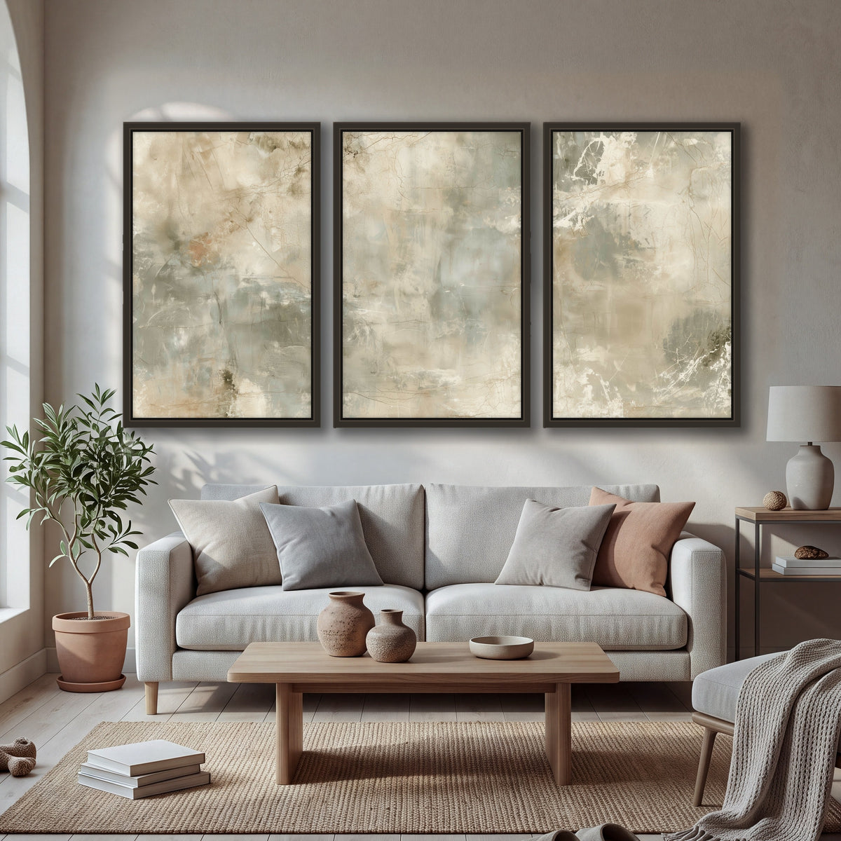 Neutral marble abstract painting 3 piece framed canvas in a bright living room