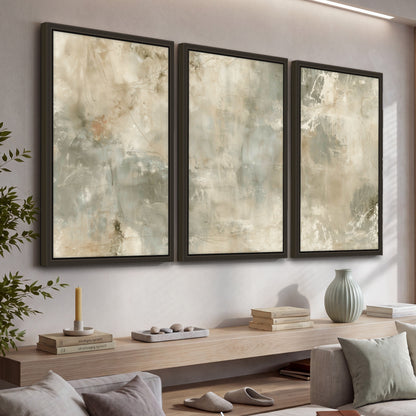 Neutral marble abstract painting 3 piece framed canvas in a living room above a console