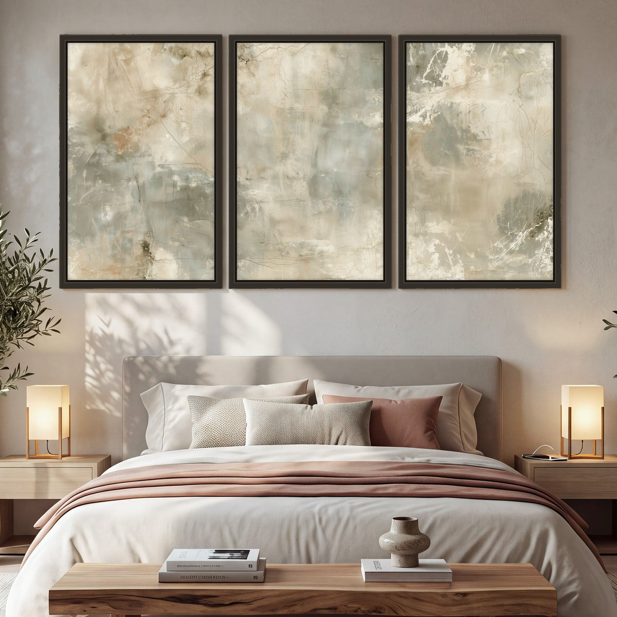 Neutral marble abstract painting 3 piece framed canvas in a bedroom above the bed