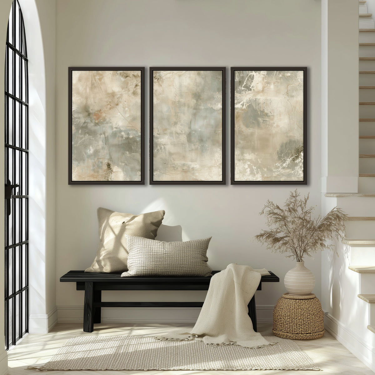 Neutral marble abstract painting 3 piece framed canvas in an entryway above a bench