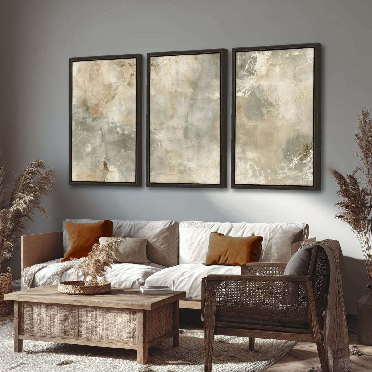 Neutral marble abstract painting 3 piece framed canvas in a rustic living room