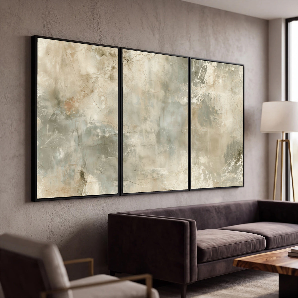 Neutral marble abstract painting 3 piece framed canvas in a modern living room