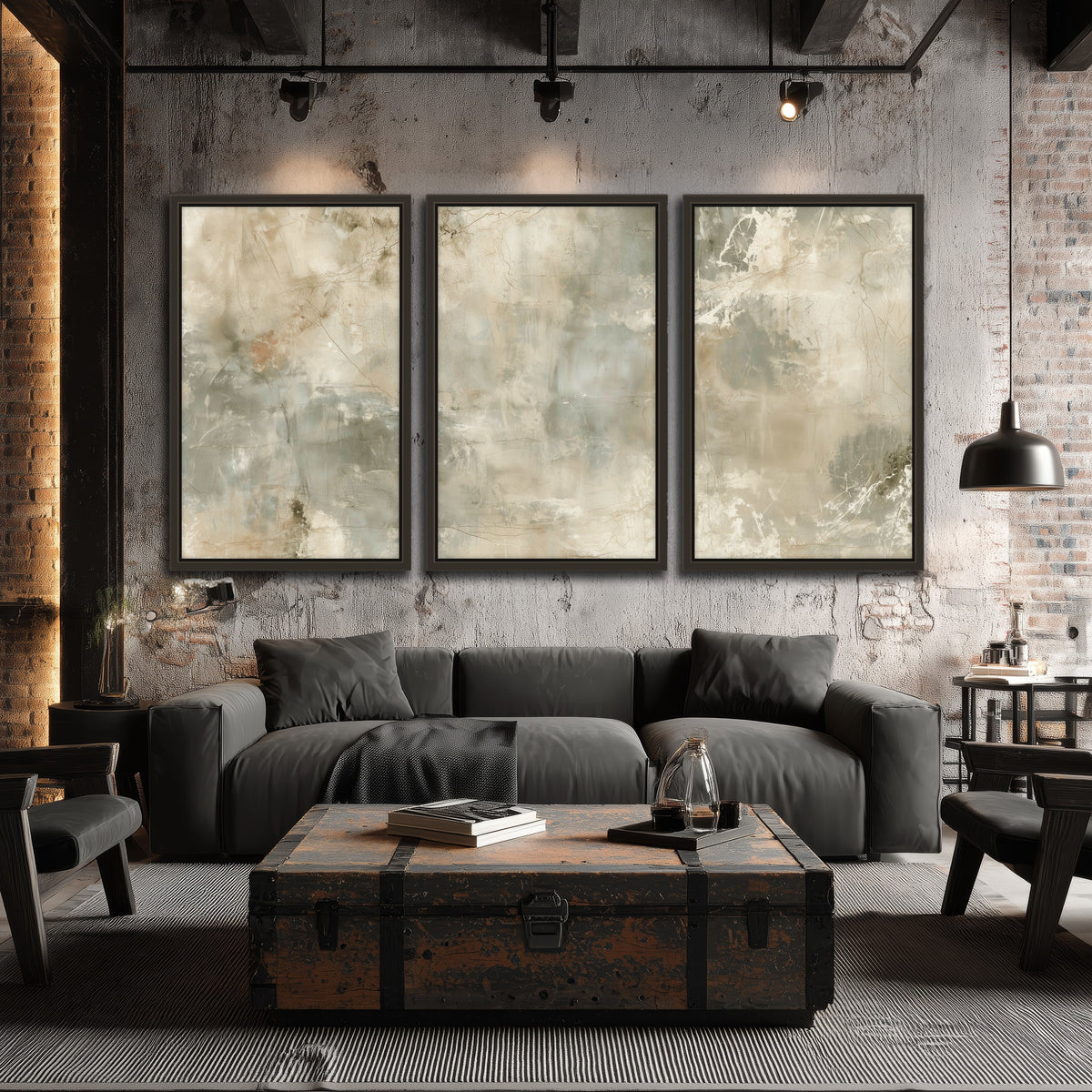 Neutral marble abstract painting 3 piece framed canvas in an industrial loft