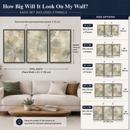 Neutral marble abstract painting 3 piece framed canvas size guide above a sofa