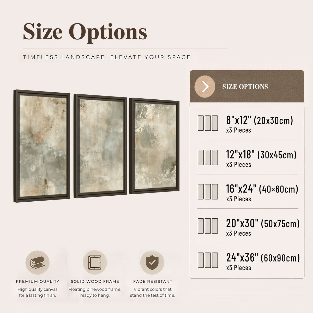 Neutral marble abstract painting 3 piece framed canvas size options