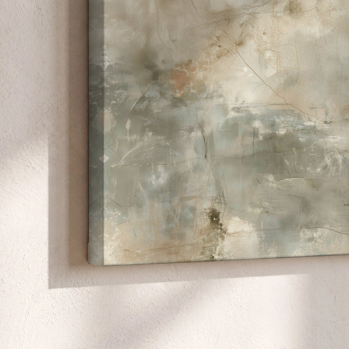 Neutral marble abstract painting canvas print close-up showing the gallery-wrapped edge
