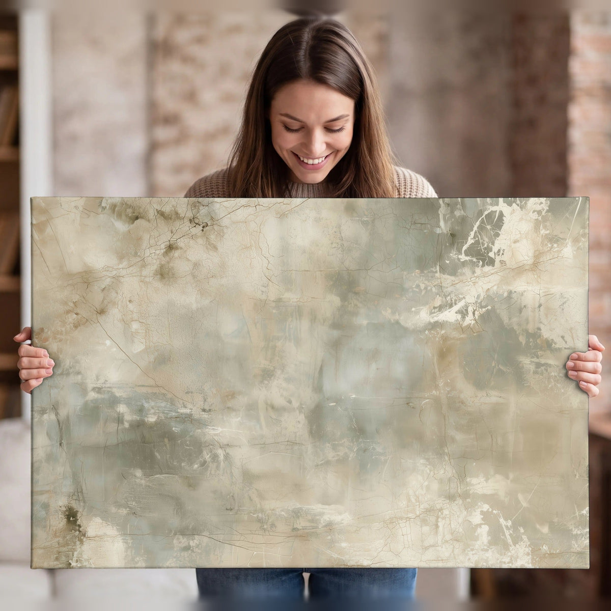 Neutral marble abstract painting canvas wall art held in hands