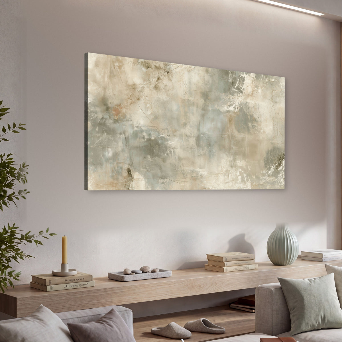 Neutral marble abstract painting canvas wall art in a living room above a console