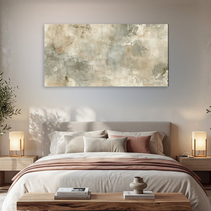 Neutral marble abstract painting canvas wall art in a bedroom above the bed