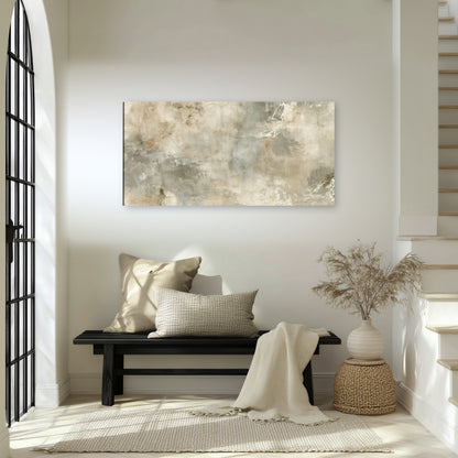 Neutral marble abstract painting canvas wall art in an entryway above a bench