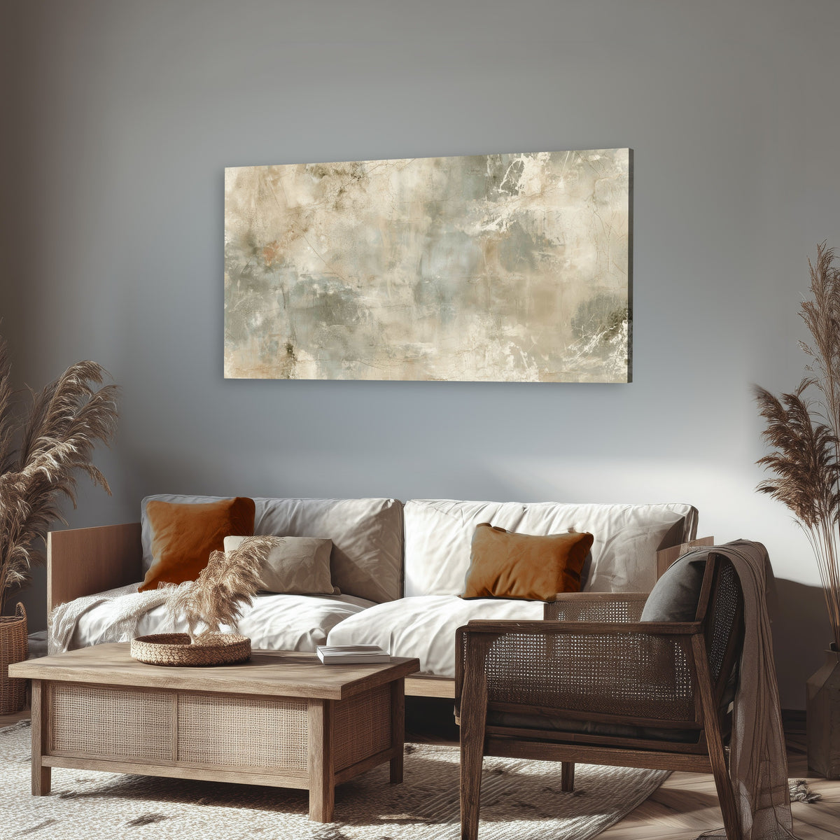 Neutral marble abstract painting canvas wall art in a rustic living room