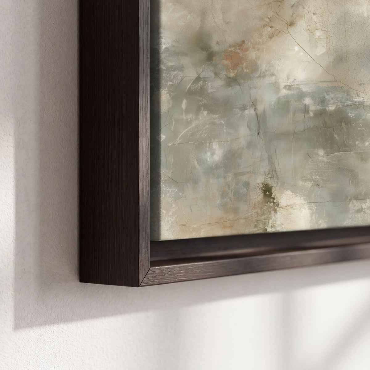Neutral marble abstract painting framed canvas close-up showing the floating frame