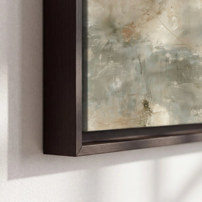 Neutral marble abstract painting framed canvas close-up showing the floating frame