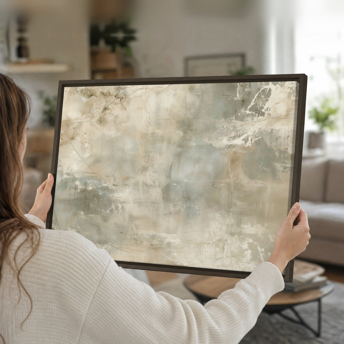 Neutral marble abstract painting framed canvas held in hands