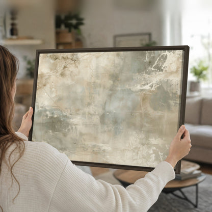 Neutral marble abstract painting framed canvas held in hands
