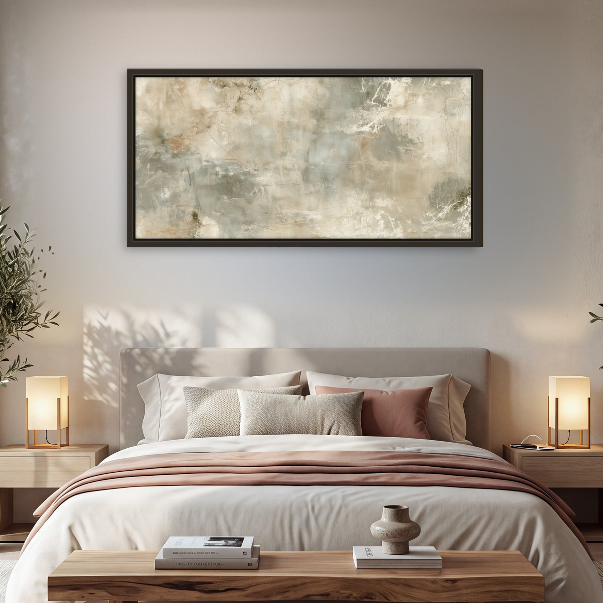 Neutral marble abstract painting framed canvas wall art in a bedroom above the bed