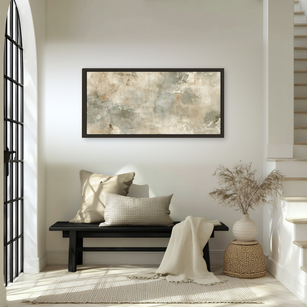 Neutral marble abstract painting framed canvas wall art in an entryway above a bench