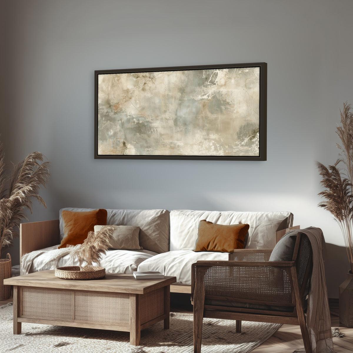 Neutral marble abstract painting framed canvas wall art in a rustic living room