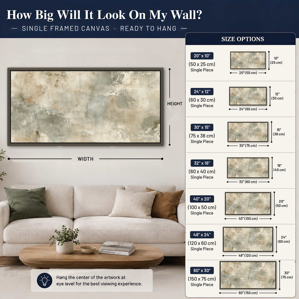 Neutral marble abstract painting framed canvas wall art size guide above a sofa