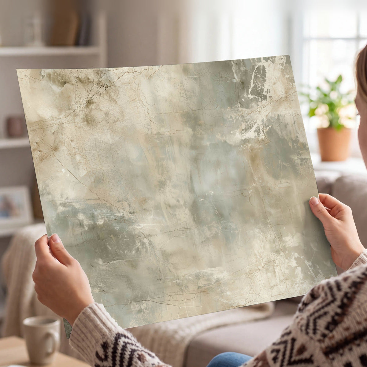 Neutral marble abstract painting poster print held in hands