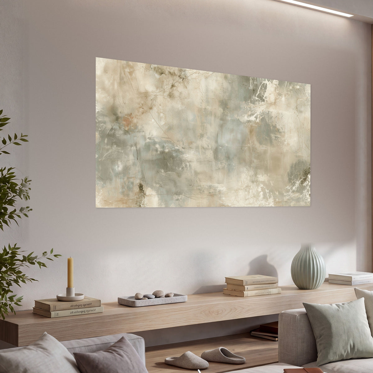 Neutral marble abstract painting poster print in a living room above a console